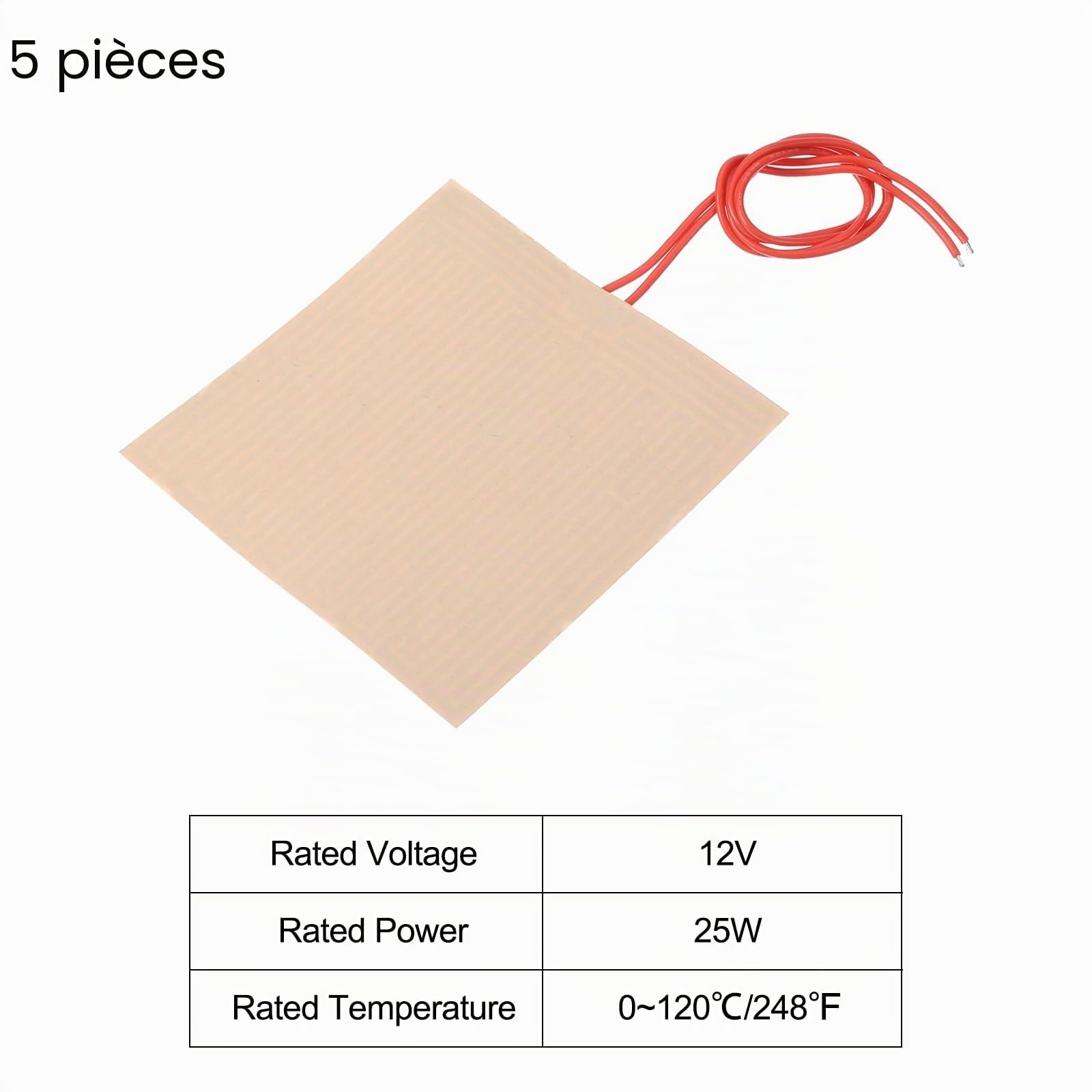 sourcing map Plaque Chauffante en Film Chauffant, 12V 25W Coussin Chauffant en Polyimide, Film Chauffant Adhésif PI 100mmx100mm pour Température Constante, Lot de 5