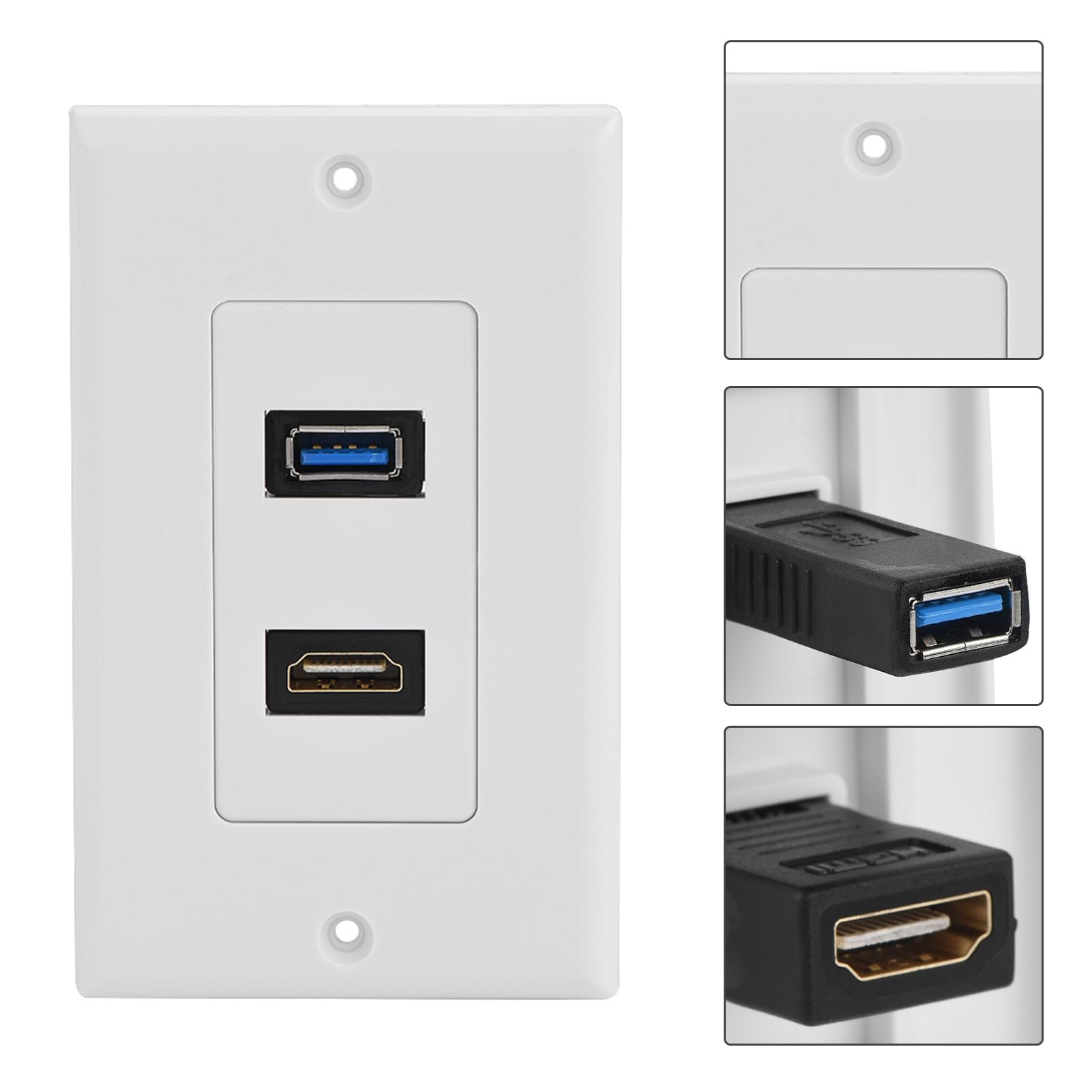Haofy 2 porty HDMI, USB 3.0, gniazdo ścienne, płyta USB, ładowarka elektryczna, złącze kompozytowe audio, złącze wideo, złącze płyty ściennej, 2 w 1, wyjście, przedłużacz, biały