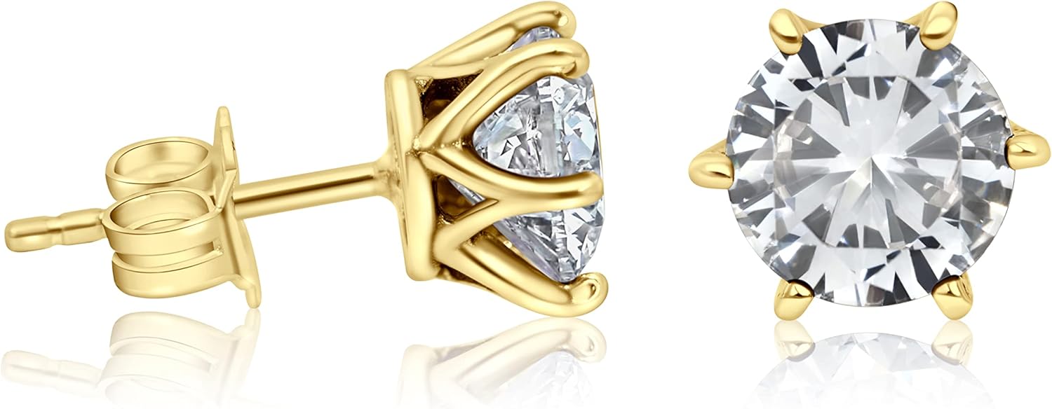 Stud Earrings with White CZ Gemstone in 14k Yellow Gold Plated - December Birthstone Round 7mm Natural Cubic Zirconia Stone Studs, Handmade Earrings, Simple Dainty Jewelry Birthday Gift for Women