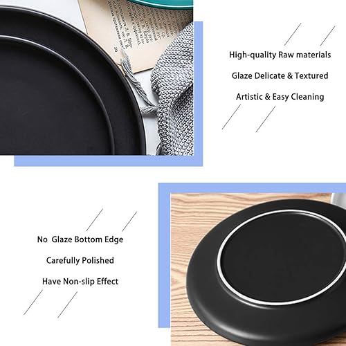 Miniatura 4 de BonNoces Juego de platos llanos de porcelana negra mate, platos redondos modernos de 8 pulgadas para almuerzo y postre reutilizables, 6 unidades