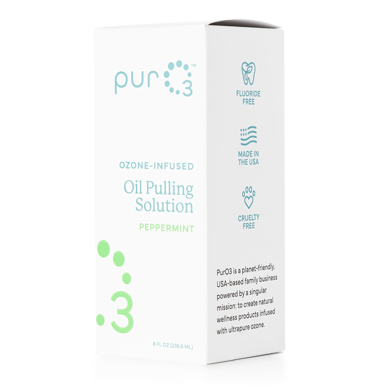 PurO3 Ozonated Oil Pulling Solution - Organic, Ozone Infused Coconut, Sesame, Sunflower, & Peppermint Essential Oils for Teeth & Gums - Fluoride-Free, Non-Toxic & Non-GMO Oral Care, 8 oz