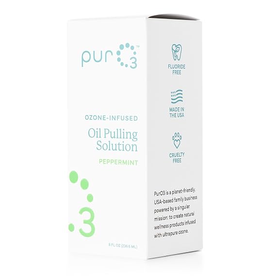 PurO3 Ozonated Oil Pulling Solution - Organic, Ozone Infused Coconut, Sesame, Sunflower, Peppermint Essential Oils for Teeth & Gums - Fluoride-Free, Non-Toxic & Non-GMO Oral Care, 8 oz
