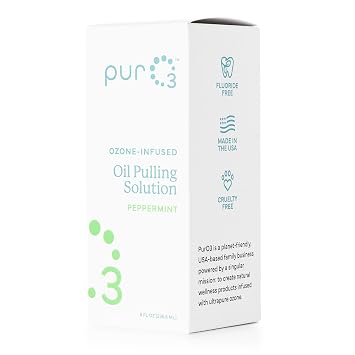 PurO3 Ozonated Oil Pulling Solution - Organic, Ozone Infused Coconut, Sesame, Sunflower, Peppermint Essential Oils for Teeth & Gums - Fluoride-Free, Non-Toxic & Non-GMO Oral Care, 8 oz