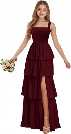 Chiffon Junior Bridesmaid Dresses for Teen Girls Tiered Pleated Flower Girl Dress with Slit Wedding Guest Gowns