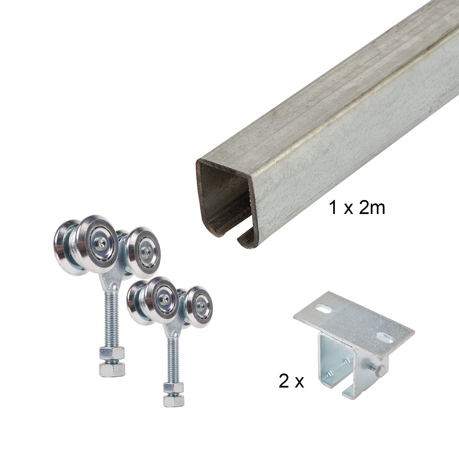 Sistema de rodillos para puerta corredera suspendida hasta 300kg | con fijación al techo | 2 unidades de rodaje | 2m cada uno | galvanizado | Rodillos con rodamientos de bolas | ATTAS Basic-Line (2m