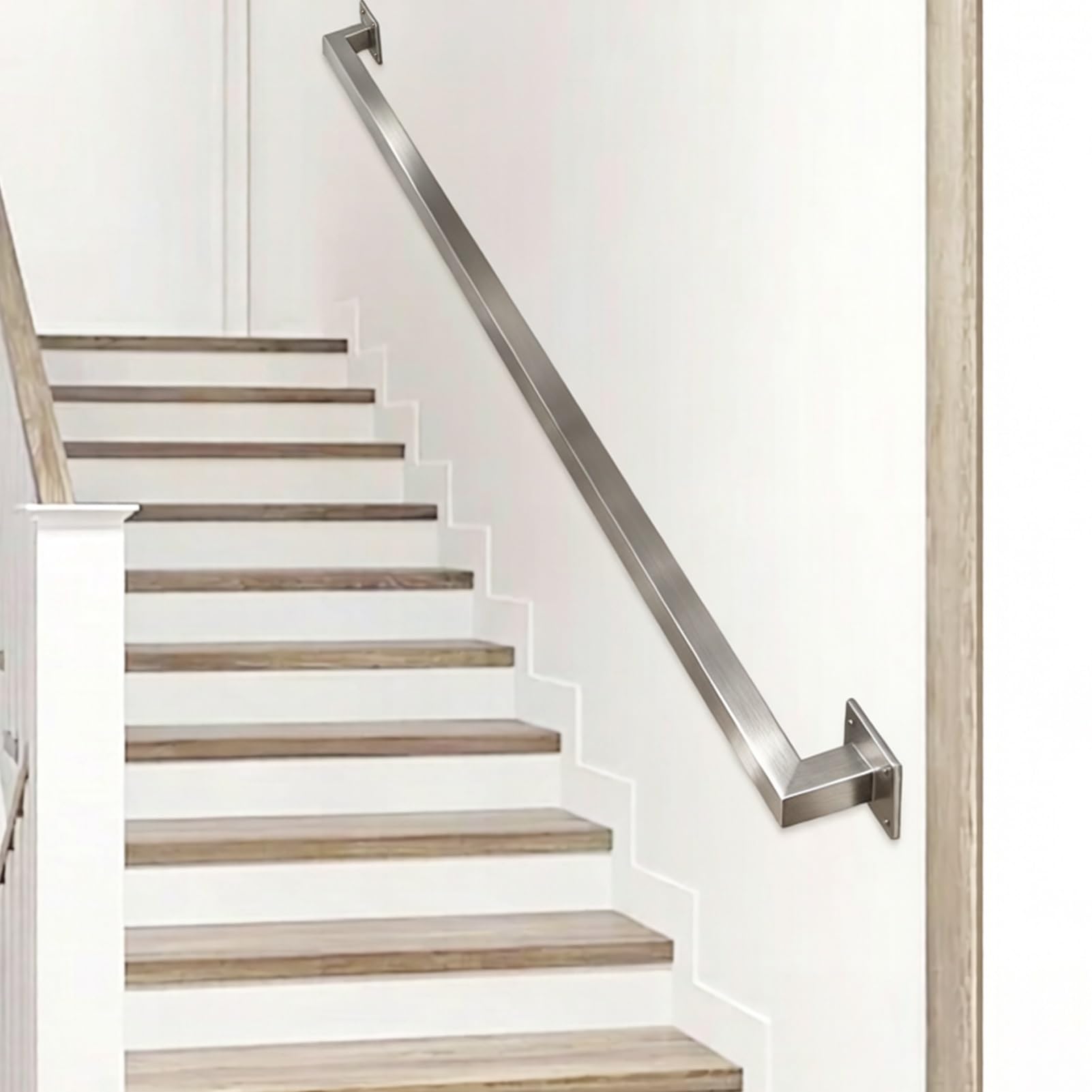 Modern Staircase Banister Handrail Silver Square Pipe Stair Rails Balance Assistance Non-Slip Hand Railings for Commercial Restroom Grab Bar, Foot Rail Bar(18ft/540cm)
