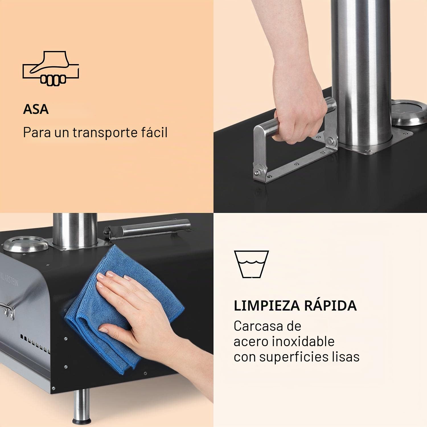 Klarstein Diavolo - Horno de pellets para pizza, Piedra para pizza de 13'' (33 x 33 cm), Termómetro 430 °C, Bandeja de goteo, Empujador, Accesorios carne, Asa plegable, Acero inoxidable, Antracita