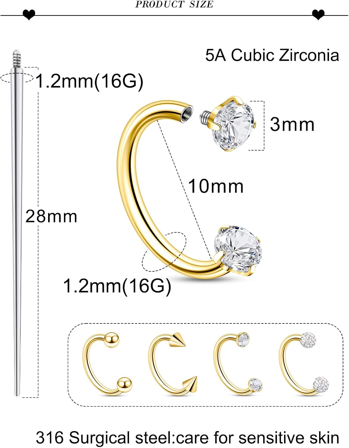 18G 16G 14G Horseshoe Septum Nose Ring Piercing Jewelry Stainless Steel Internal Thread Circular Barbell Daith Rook Earring Snake Bite Lip Ring Piercing Jewelry for Women Silver Black Gold - Image 2