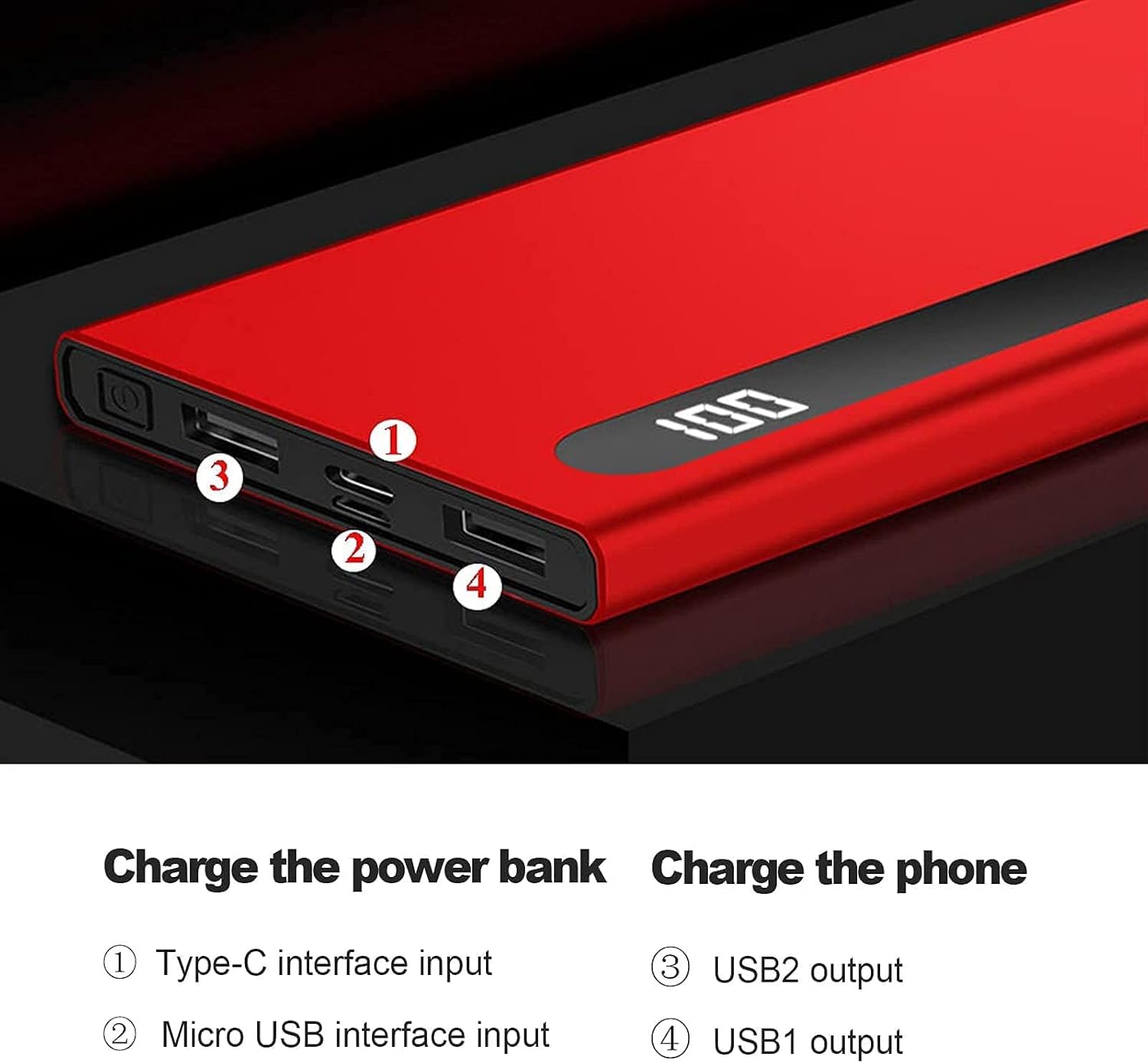 Power Bank 100000mah Batteria Esterna Ultra Alta capacità USB C Powerbank Caricabatterie Portatile Batteria 2.1a Doppia Uscita USB Display Digitale LED Caricabatterie per Cellulari PE, Red