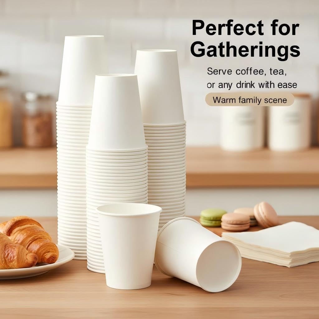12 oz Disposable Paper Cups, 300 Pack - Heavy Duty White Hot/Cold Beverage Cups, Bulk Drinking Cups for Home, Office, Party, Travel