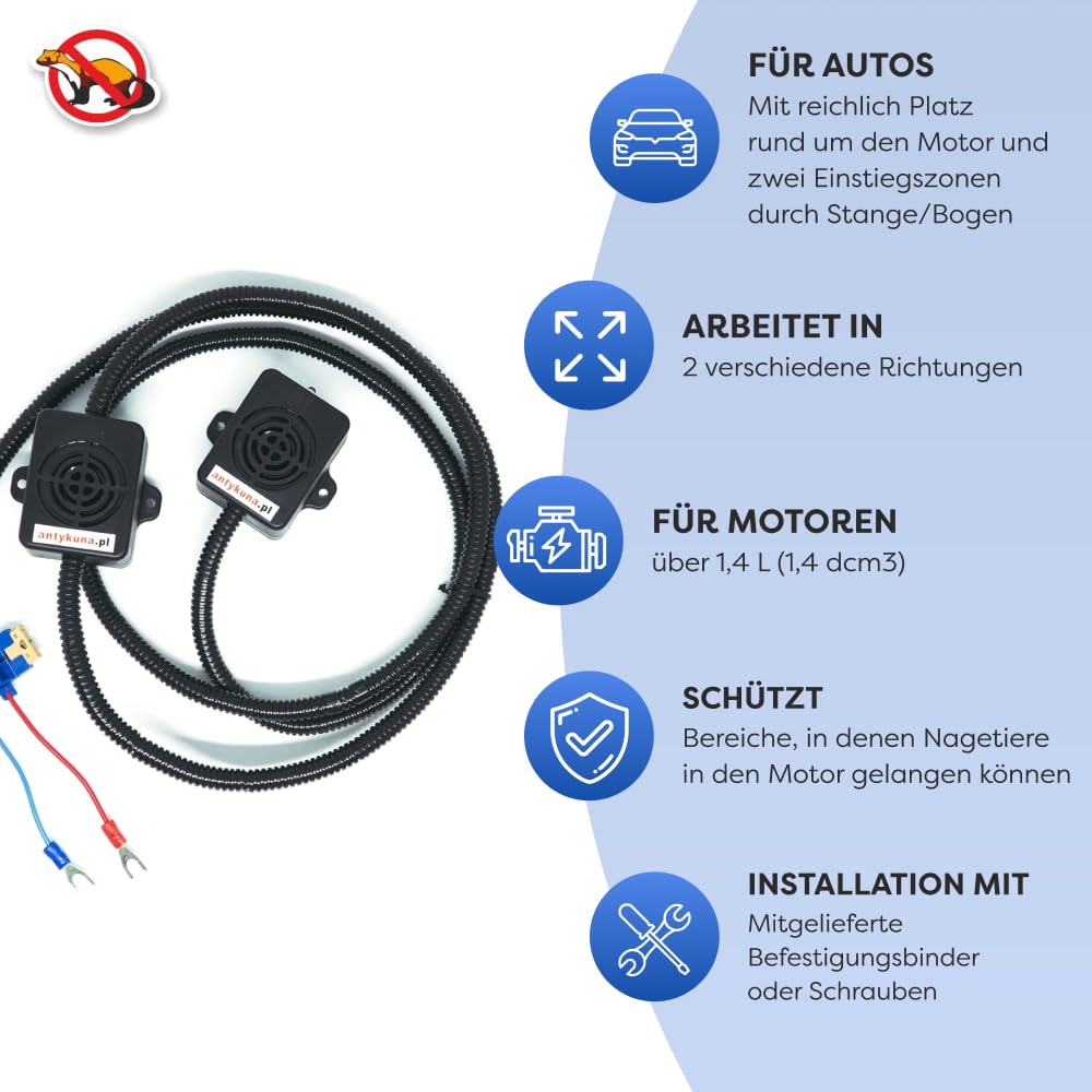 ON/Off Ultraschall Marderabwehr Auto – 2 Lautsprecher | Für große Motorräume | Start-Stop geeignet | 12V