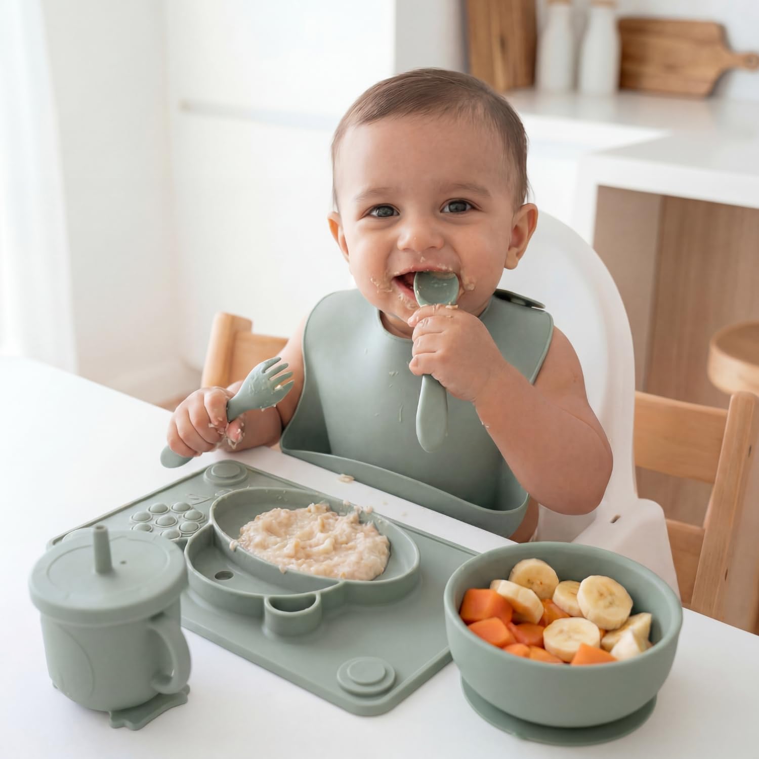 Haus & Kinder Baby Feeding Set Silicone Tableware with Suction Plate, Bowl, Tumbler, Bib, Spoon & Fork for Babies | BPA-Free, Non-Toxic | Hippo Joy-image-26