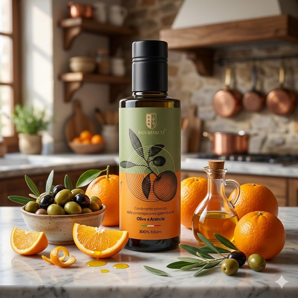 San Marco - Olio extra vergine di oliva all'arancia. Condimento artigianale di arance e olive- bottiglia vetro scuro 250 ml. - 100% italiano – Ideale sul pesce crudo e in pasticceria