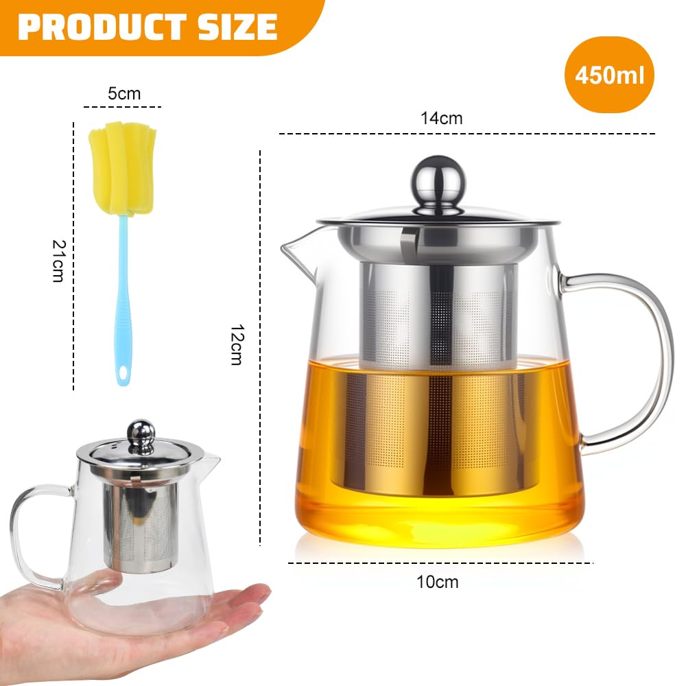 Théière Créative En Verre Borosilicaté 450 Ml Théière Filtre En Acier Inoxydable Amovible Pratique Petites Résistante À La Chaleur Brosse De Nettoyage Design Élégant pour Thé