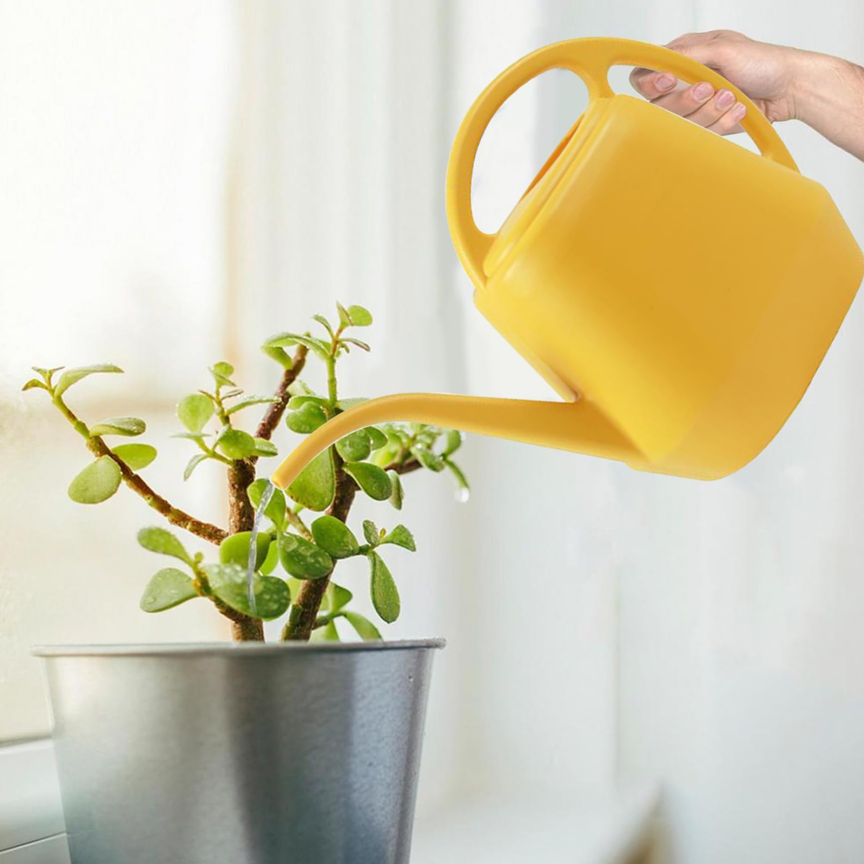 Regadera con Caño Largo de 4L con Boca Ancha de Doble manija - Regadera Antideslizante para Plantas de Interior y Exterior a Prueba de Humedad, Amarillo