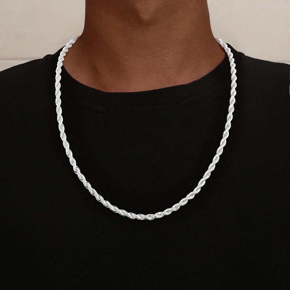 925 Sterling Silver Diamond Cut 3mm 4mm 5mm Rope Chain Exquisite Silver Chain Men's Necklace Ideal Gift for Men Fathers and Boyfriends