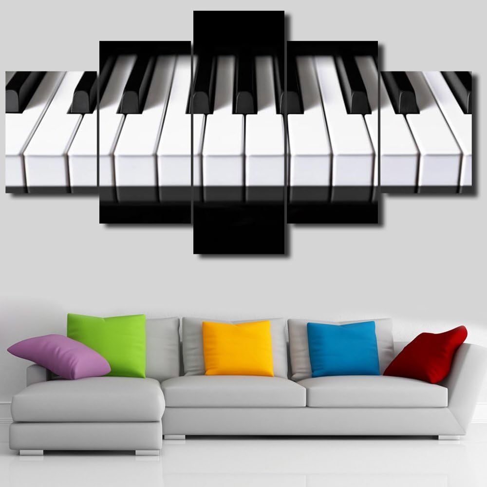 5 Piece Canvas Wall Art Black and White Paintings Piano Keyboard Pictures Music Wall Decor Contemporary Artwork Home Decorations for Living Room Wooden Framed Stretched Ready to Hang(60''Wx32''H) 60''W x 32''H Artwork-27