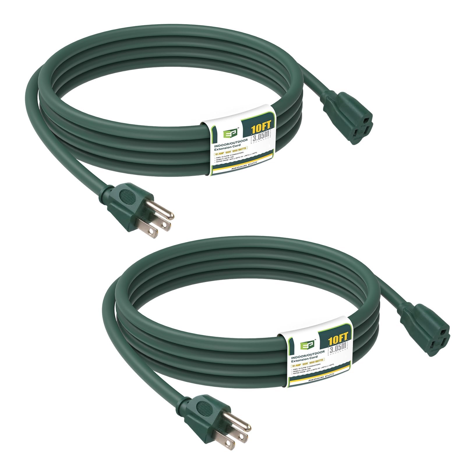 EP 10 FT Outdoor Extension Cord, 16/3 SJTW Heavy Duty Green 2PK, ETL Listed