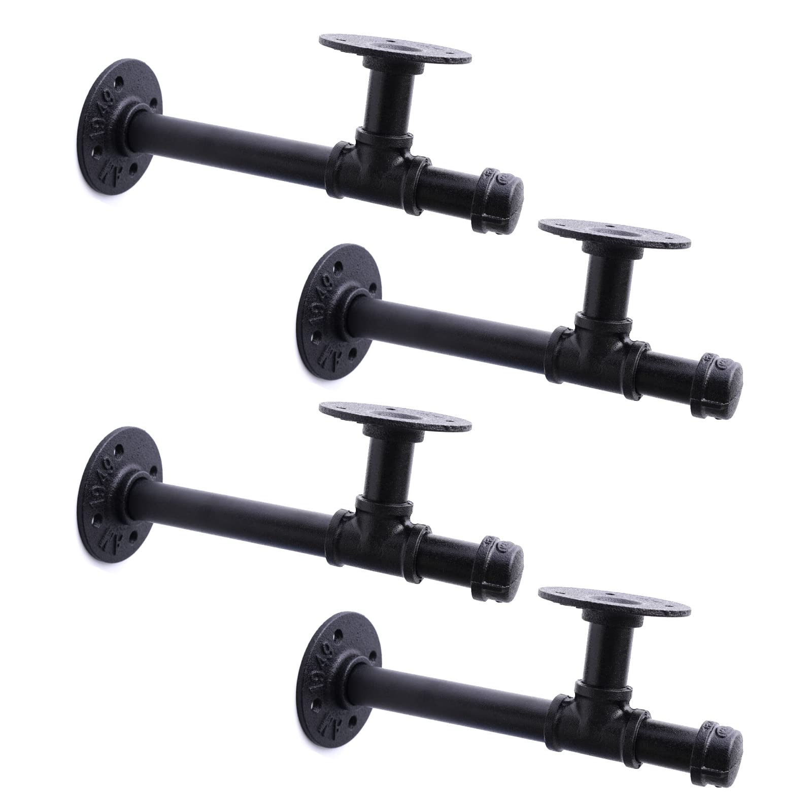 3/4" Industrial Pipe Shelf Brackets, Black Iron Wall Mounted DIY Shelving Brackets Hanging Custom Pipe Brackets for Floating Shelves (4, 10 Inch)