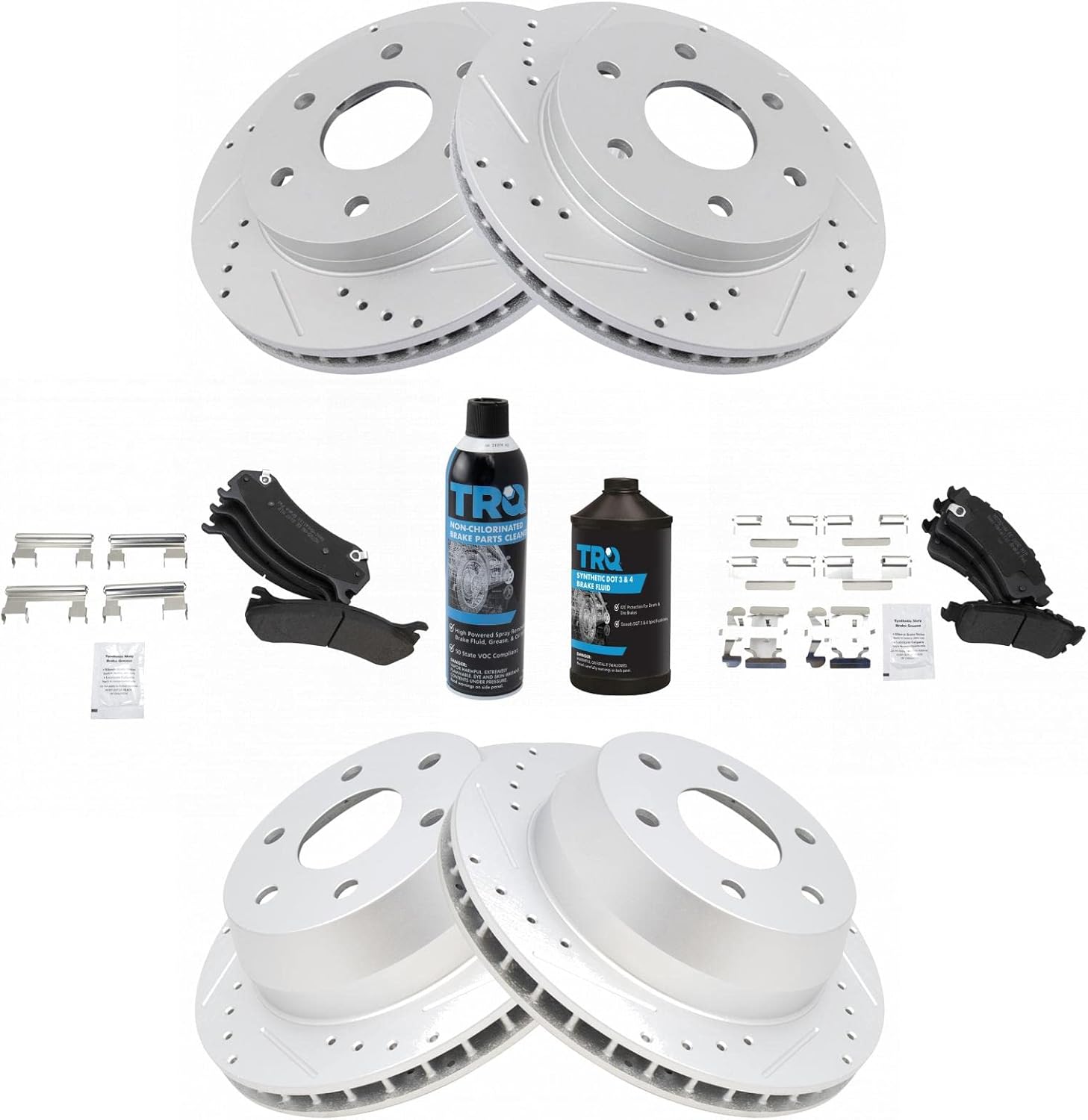 TRQ Front & Rear Brake Pad & Rotor Kit Semi-Metallic Performance Slotted X Drilled Compatible with 2002 Chevrolet Avalanche 1500 Silverado 1500 2000-2001 Tahoe 2001 GMC Yukon