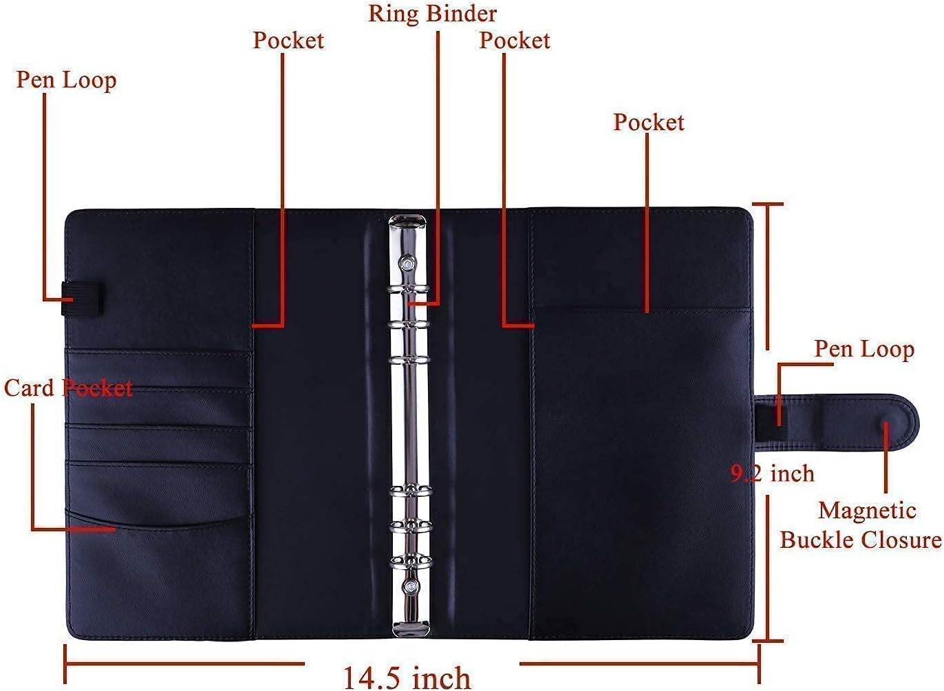 Antner A5 PU Leather Binder (Black) Bundle | 12pcs A5 Size Binder Pockets Multicolor Zipper
