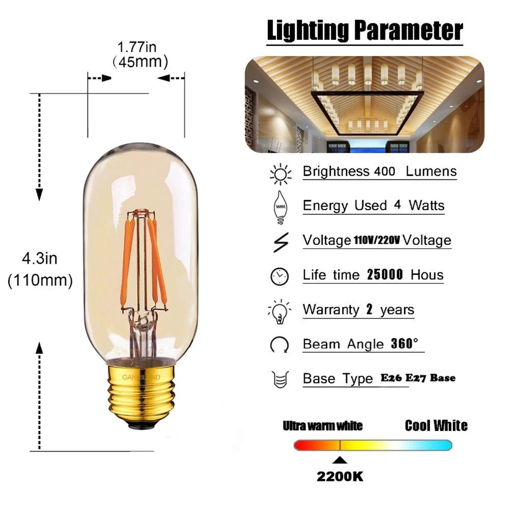 LED Edison Bombilla tubular T45 filamento de la bombilla 4W 2200K E27 para el hogar regulable bombilla LED decorativo 220v del bulbo,10pcs