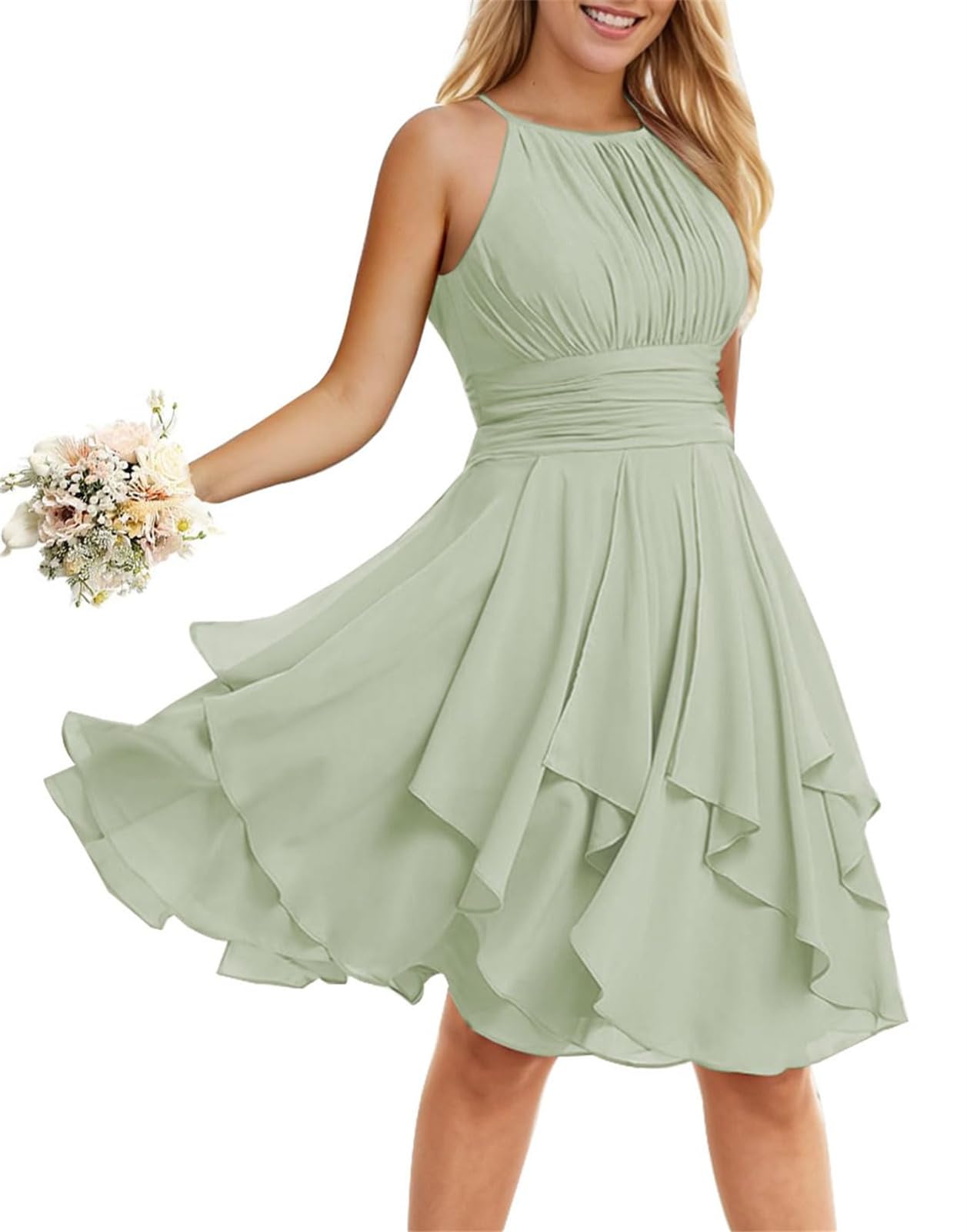 Hppee Women's Sage Green Ruffle Halter Short Bridesmaid Dresses For Teens A-Line Chiffon Dress For Juniors Bridesmaid Dresses For Wedding Uk18