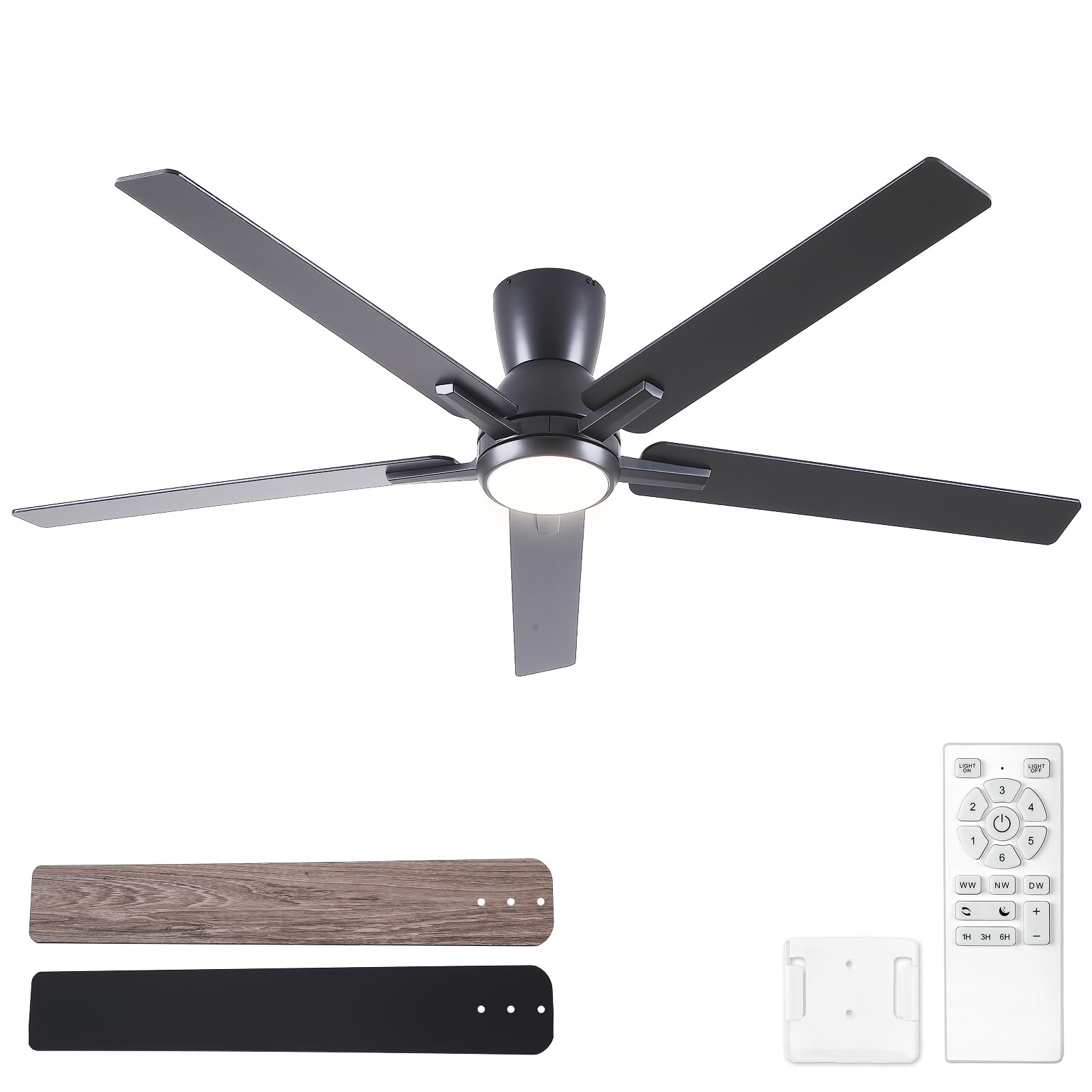 Sevenine 60 Inch Black Flush Mount Ceiling Fans with Lights and Remote, Black Low Profile Ceiling Fan for Bedroom Living Room Patio/Outdoor, Quiet 6