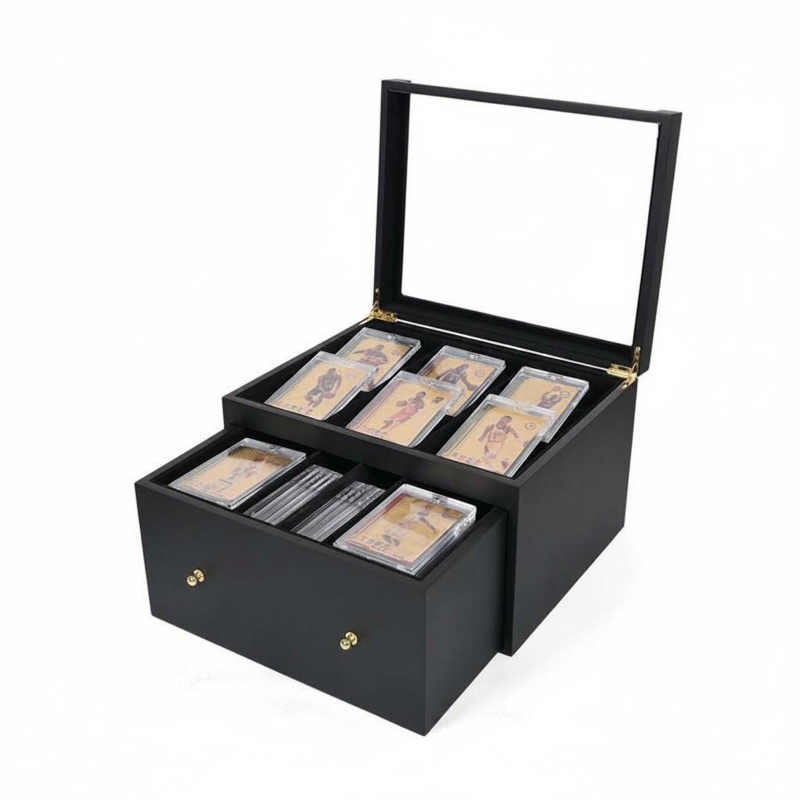 harayaa Vitrina para Cartas Caja Expositora Estuche Organizador de Madera Maciza con Tapa de Vidrio y Interior Acolchado Doble Compartimento y Cajón, Negro