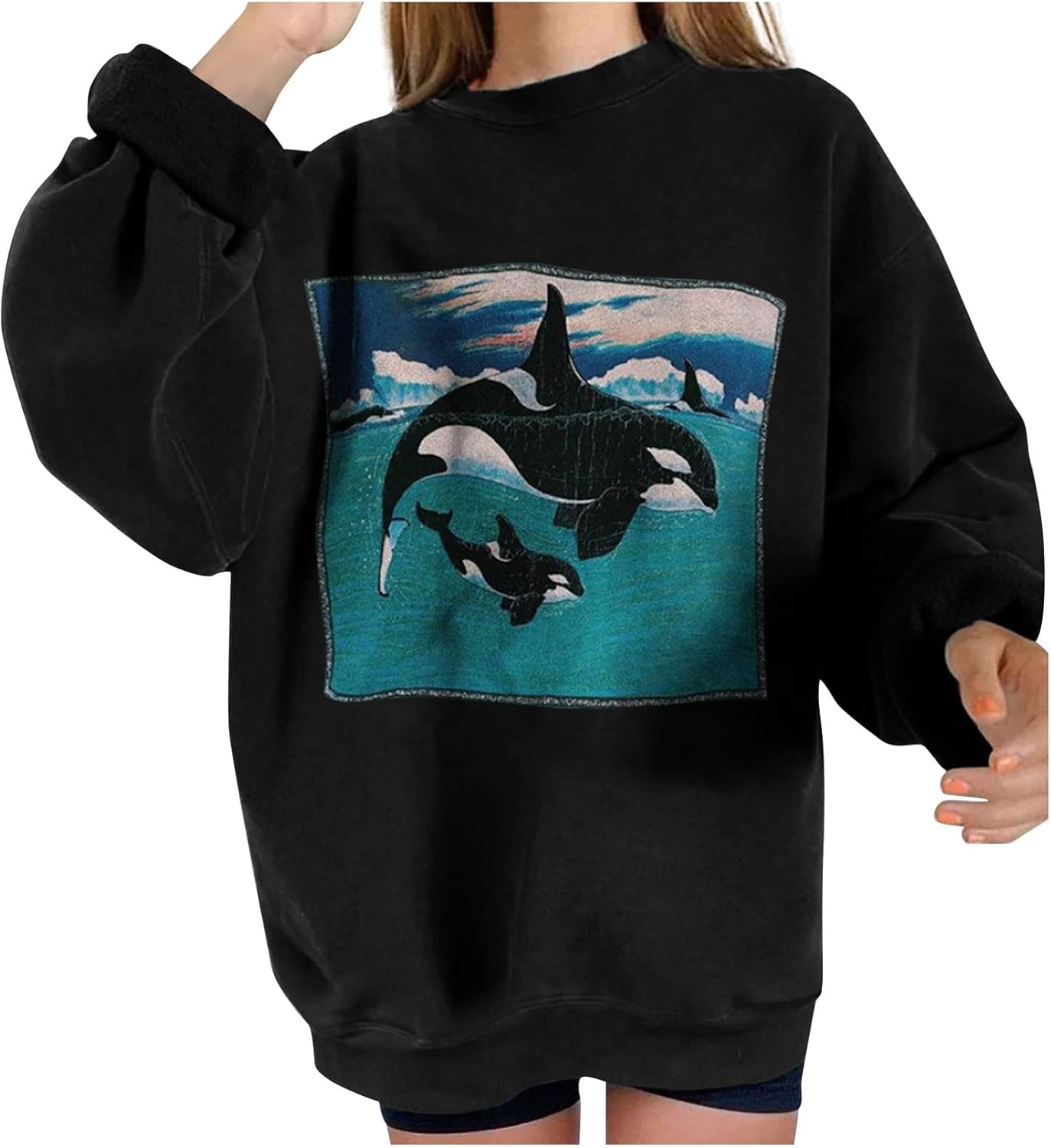 Women Sweatshirt Pullover Fall Winter Warm Fleece Blouses with Ocean Print Crewneck Loose Long Sleeve Tshirt Tunic Tops : Clothing, Shoes & Jewelry