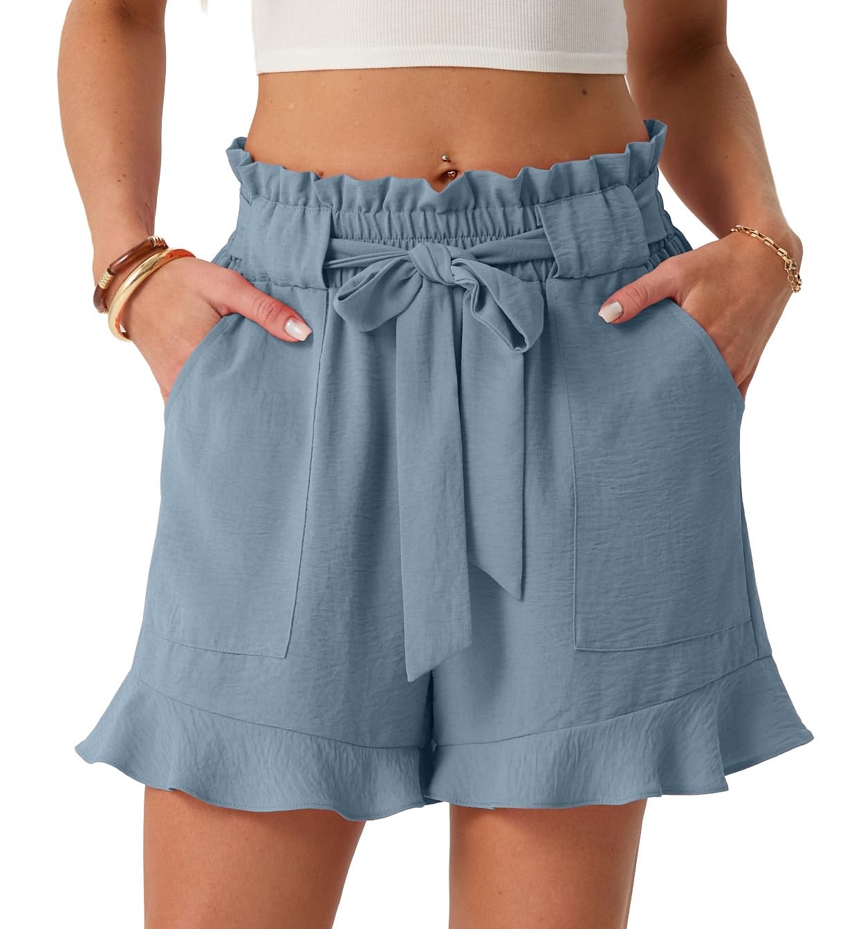 PrinStory Shorts Damen Sommer High Waist Kurze Hose Gürtel Breites Bein Shorts Leicht Sommershorts Mit Taschen