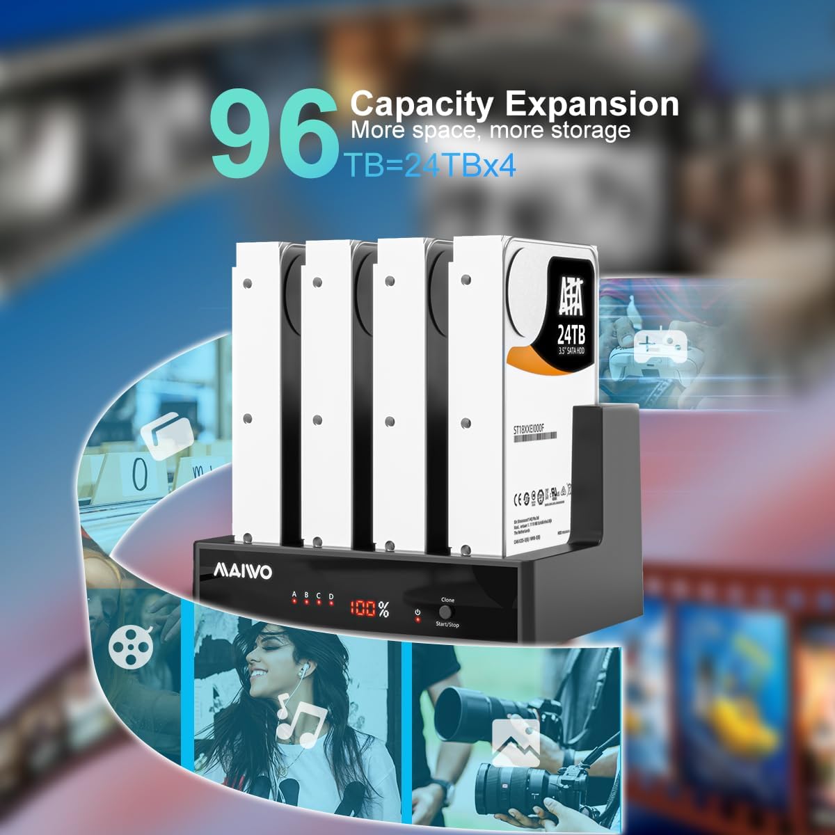 MAIWO 4 Bay Hard Drive Docking Station with Offline Cloning, External Hard Drive Cloner Duplicator for 2.5'' 3.5'' SATA SSD HDD with LED Indicator, 96TB Expansion, USB3.0 Connecting Port