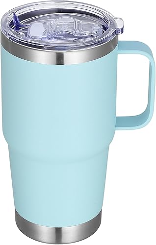 Vaso de acero inoxidable de 20 onzas con asa con aislamiento de metal, taza de viaje para café con asa, vaso de doble pared con tapa y pajita, color