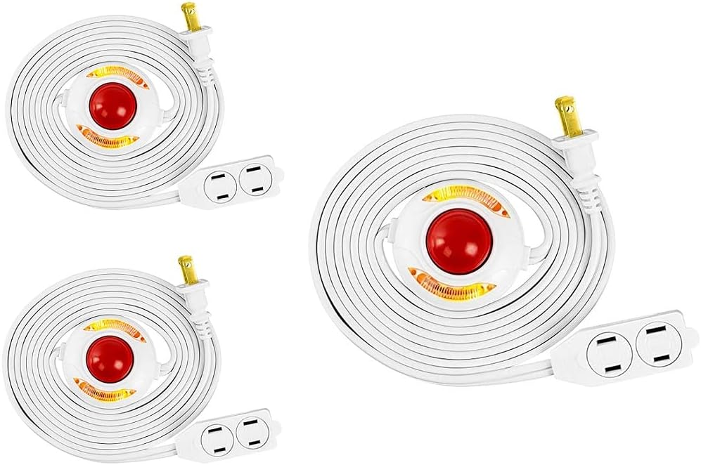 9Ft. 3-Outlet 2 Prong Extension Cord with Foot Switch Power Tab (3-Pack, White)