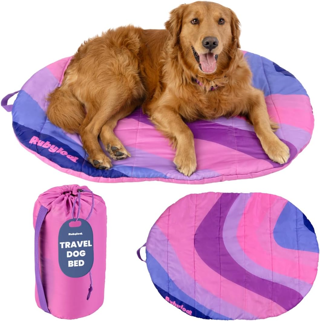 Travel Dog Bed Mat (42" x 30")  Foldable, Packable Outdoor Camping Dog Bed  Lightweight, Water Resistant & Cozy with Soft Padding  Compact, Portable & Machine Washable  Large & Small Breeds - Pink