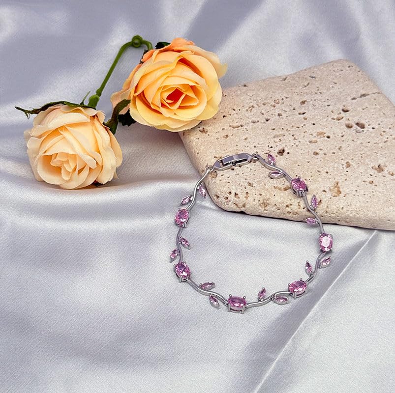 Image of Korean Anti Tarnish Trendy Tulip Bracelet for Women | Pink Stone Floral Design | Silver Tone Elegant Bracelet