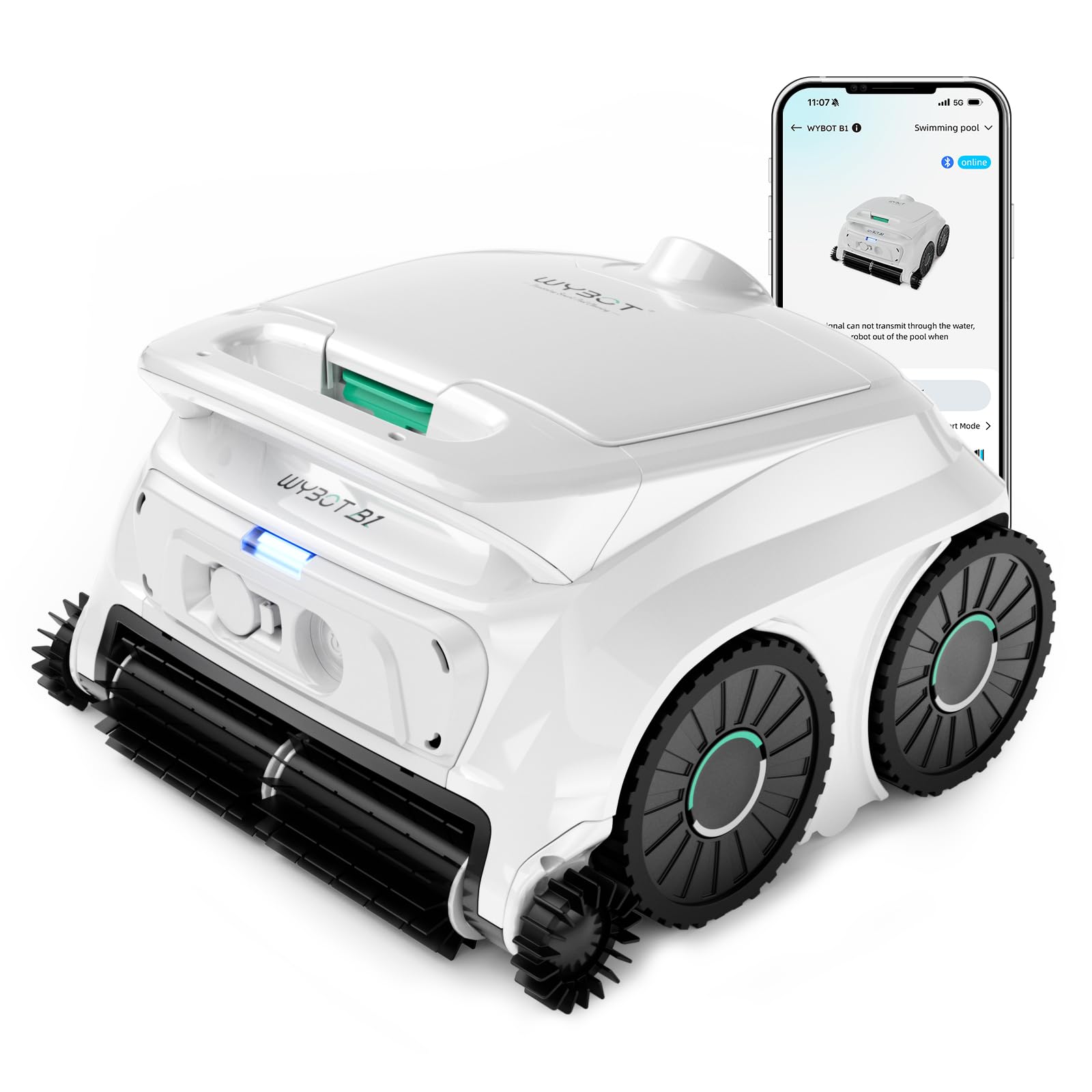 WYBOT B1 Robotic Pool Cleaner, Floor and Wall Cleaning, Cordless Vacuum for Inground & Above Ground, Smart Navigation, Self-Parking, White Green