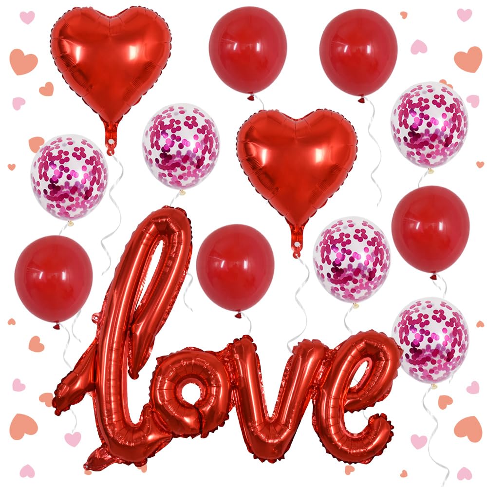 42 Inch Large Red Love Foil Balloons, Pack of 13, Mylar Foil Love Balloon Letters With Heart Balloons Latex Balloon for Valentine's Day Wedding Bridal