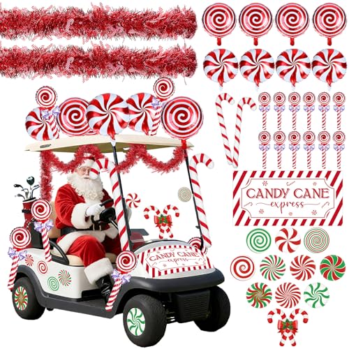 Leyndo 46 Pcs Christmas Golf Cart Decorations Kit Christmas Candy Cane Parade Decor Red Green and White Car Decoration with Banner Candy Cane Hanging Garland Stickers Balloon for Xmas Party