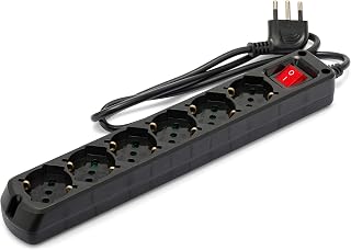 Mehrfachsteckdose mit 6 Steckplätzen, Schuko + 10/16 A, mit Schalter 1 m Kabel und Stecker 16 A.