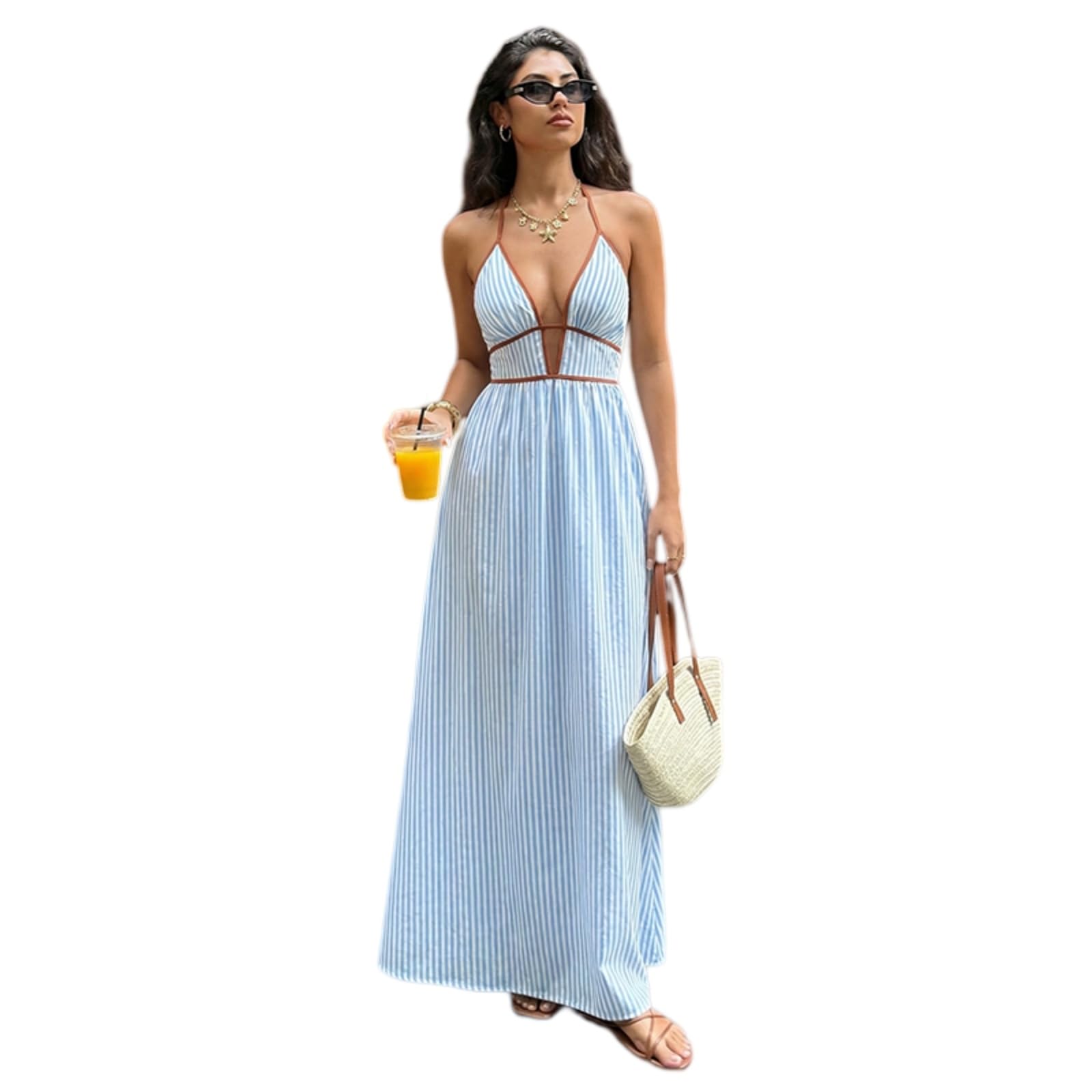 Vestito Abito da Spiaggia Estivo Senza Schienale A Righe Maxi Donna Profondo V-Sapphire Blue-XL