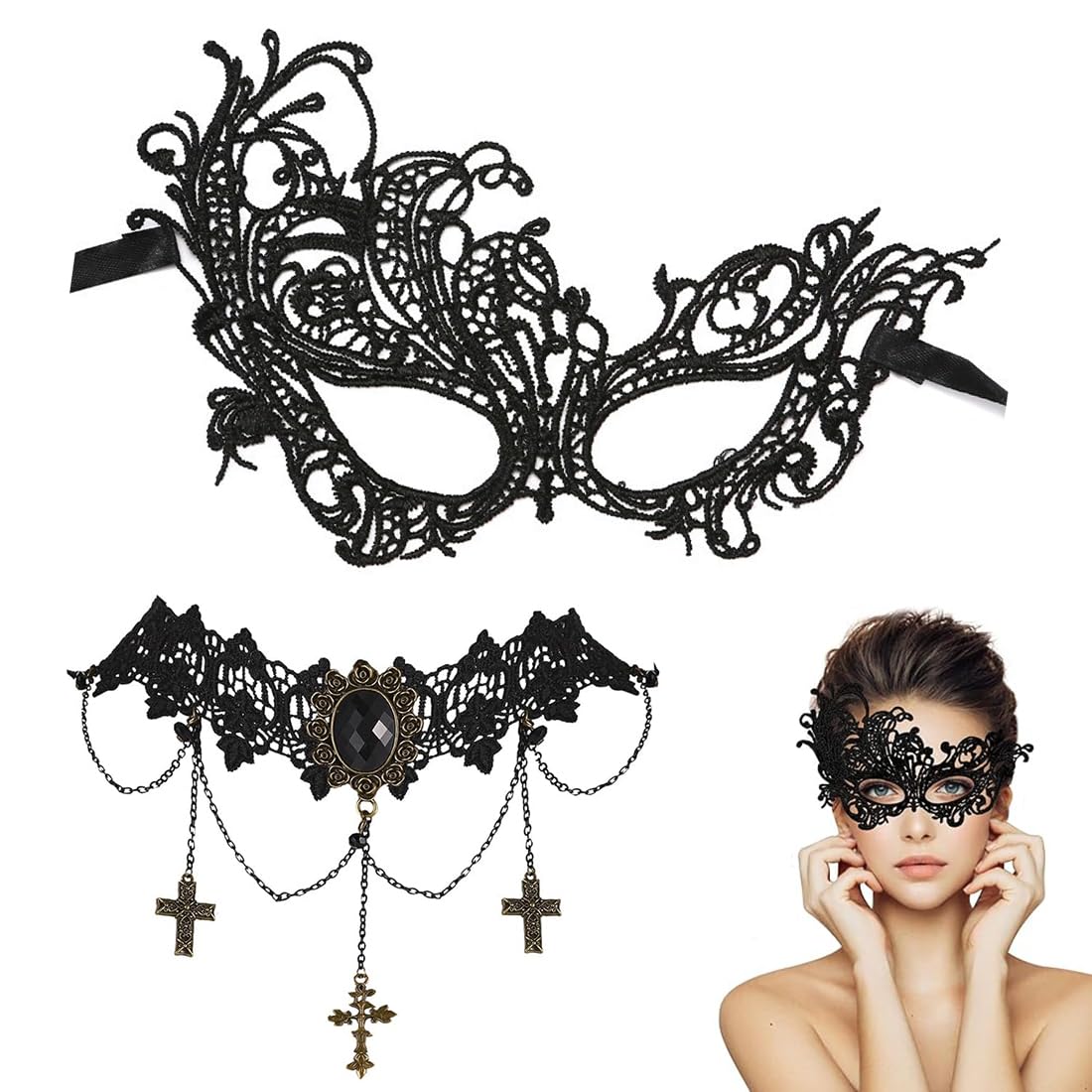 VONJUMA Mascara Veneciana Juego De 2 Piezas Antifaz Carnaval Mujer Collares Mascaras Venecianas Mujer Mascara Encaje Máscaras Venecianas Para El Baile De Disfraces De Halloween Fiesta De Acción