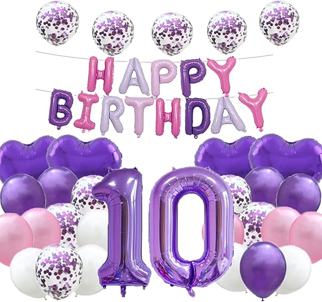 Sweet 10th Birthday Balloon 10th Birthday Decorations Happy 10th Birthday Party Supplies Purple Number 10 Foil Mylar Balloons Latex Balloon Gifts for Girls,Boys,Women,Men