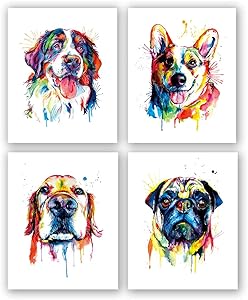 4 Set Puppy Positive Quote Art Print,Lovely Dog Canvas Wall Art,Pet Canvas Painting Puppy Artwork,Burnese Mountain Dog bright and colorful art print,Colorful and splashy CORGI Art Print,Colorful Golden Retriever Art Print,Colorful Pug Art Print,Watercolor Original Artwork Print For Bedroom(Unframed,8”X10”inches)