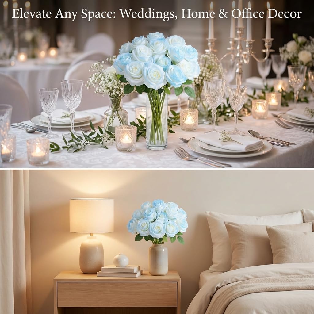 Ice Blue Artificial Roses Fake Flowers Not Bend The Peduncle with Stems for DIY Wedding Bouquets Bridal Shower Centerpieces Arrangements Tables Decorations 12pcs - Image 5