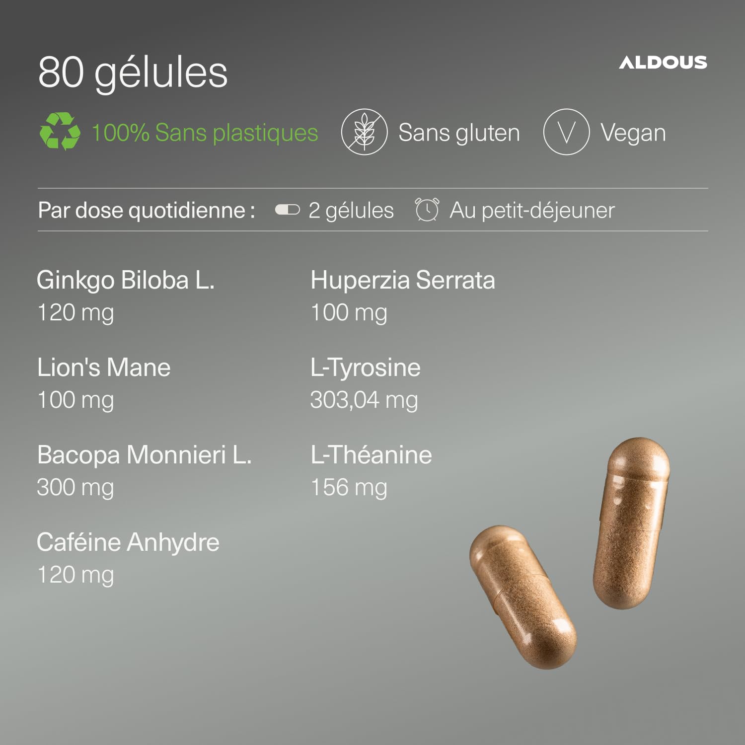 Nootropique Naturel - 80 Gélules - Brain Booster - Focus - Mémoire et Concentration, Énergie - Ginkgo Biloba, Lions Mane, Caféine, Bacopa Monnieri, Tyrosine, Théanine, Huperzia - ALDOUS