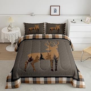Cute Deer Comforter Set Deer Hunting Bedding Set for Teens Antlers Pattern Wild Aniaml Wolf Bedding Set Western Farmhouse Orange Grey Duvet Set Room Decor Queen Size Duvet Set 3Pcs