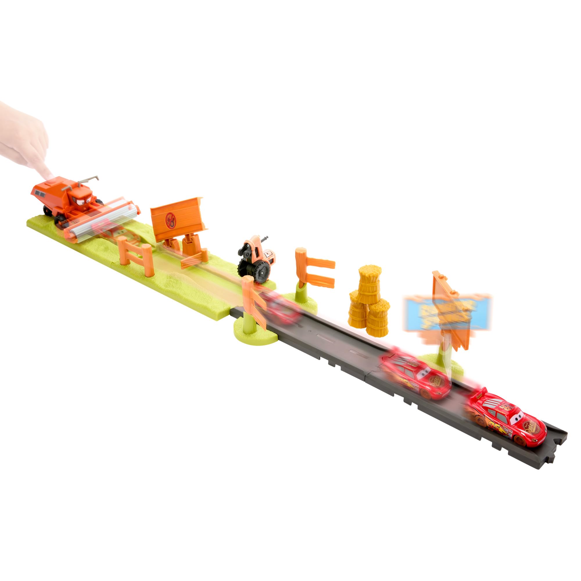Mattel Disney Pixar Cars Auta Kaskaderska ucieczka Zestaw do zabawy Tor wyścigowy z 3 pojazdami zabawkami, w tym Zygzakiem McQueenem, i 2 sposobami zabawy, HRX48
