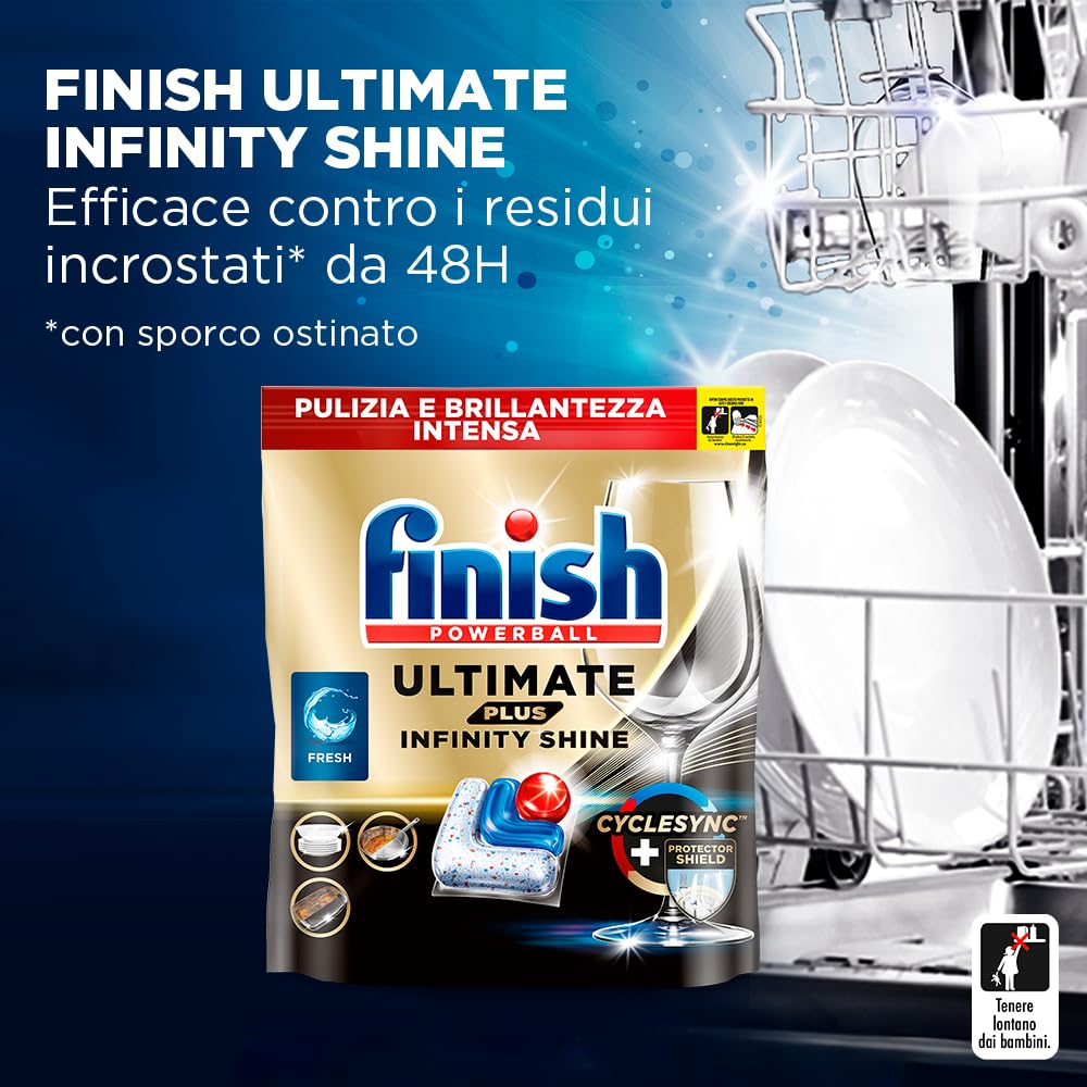 Finish Kit Lavastoviglie, 105 Pastiglie Ultimate PLUS Infinity Shine al Limone contro lo Sporco e i Residui Incrostati, 2 Brillantante Lemon da 500ml, 3 Curalavastoviglie al Limone da 250ml