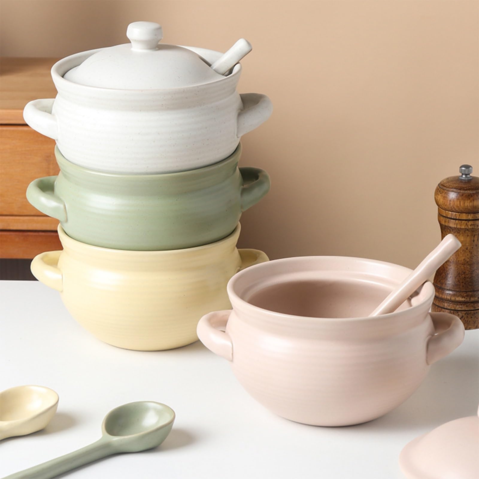Barattolo con Coperchio, barattoli per spezie in Ceramica, Coperchio per condimenti in Porcellana, zuccheriera e Cucchiaio, per Cucina e casa (Bianco, 1000 ml)